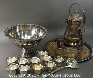 Group of Silver Plated Items Including Victorian Coffee Server with Porcelain Liner and Punch Bowl Set with Tray and Ladle.