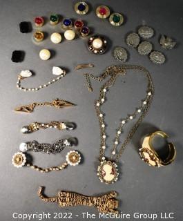 Collection of Costume Jewelry Including Button Covers, Sweater Clips and Bracelets.