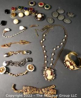 Collection of Costume Jewelry Including Button Covers, Sweater Clips and Bracelets.