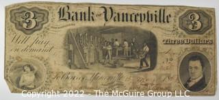 Bank Note:  1857 Bank of Vancerville Hand Signed Three Dollar Note. North Carolina