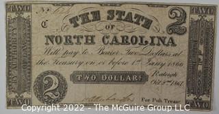 Confederate Bank Note:  1861 Hand Signed Two Dollar Note. State of North Carolina