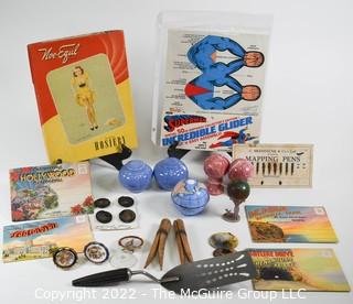 Collection including vintage Postcards, oversized wooden clothespins, Bakelite handled spatula and  ceramic globes