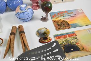 Collection including vintage Postcards, oversized wooden clothespins, Bakelite handled spatula and  ceramic globes