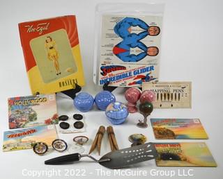 Collection including vintage Postcards, oversized wooden clothespins, Bakelite handled spatula and  ceramic globes