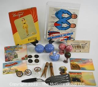 Collection including vintage Postcards, oversized wooden clothespins, Bakelite handled spatula and  ceramic globes