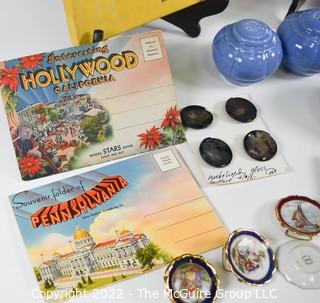 Collection including vintage Postcards, oversized wooden clothespins, Bakelite handled spatula and  ceramic globes