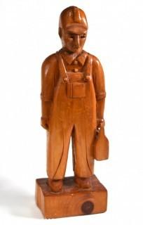 Primitive Folk Art Carved Pine Wood Sculpture of Miner with Lunch Pail.  Measures 11"T