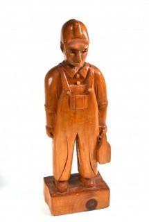 Primitive Folk Art Carved Pine Wood Sculpture of Miner with Lunch Pail.  Measures 11"T