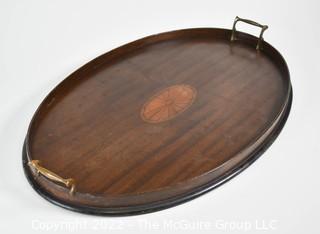 Antique Mahogany Oval Serving Tray with Marquetry Center 