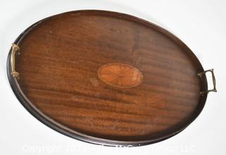 Antique Mahogany Oval Serving Tray with Marquetry Center 