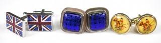 Three (3) Sets of Men's Cufflinks.  Including Union Jack, Polo Players and Sterling Silver with Blue Enamel. 