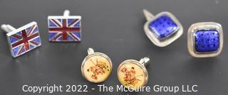 Three (3) Sets of Men's Cufflinks.  Including Union Jack, Polo Players and Sterling Silver with Blue Enamel. 