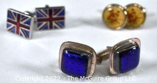 Three (3) Sets of Men's Cufflinks.  Including Union Jack, Polo Players and Sterling Silver with Blue Enamel. 