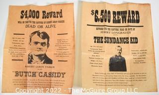 Reward Posters for Butch Cassidy and The Sundance Kid on Parchment. Each measures 11 x 14 1/2"