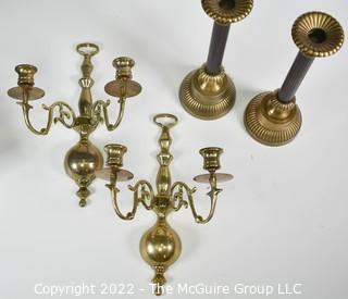 Pair of wall mount brass candle sconces and pair of candlesticks