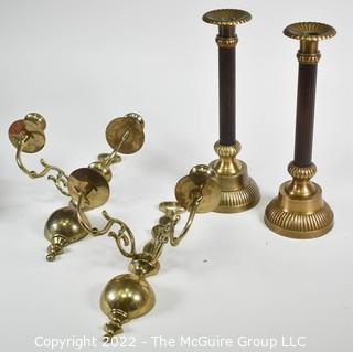 Pair of wall mount brass candle sconces and pair of candlesticks