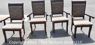 Set of Four (4) Wood Dining Arm Chairs with Tapestry Upholstered Seats. 