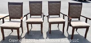 Set of Four (4) Wood Dining Arm Chairs with Tapestry Upholstered Seats. 