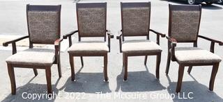 Set of Four (4) Wood Dining Arm Chairs with Tapestry Upholstered Seats. 