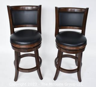 Two (2) Cherry Wood with Black Leather Upholster Seat Swivel Bar Stool 