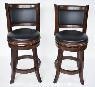 Two (2) Cherry Wood with Black Leather Upholster Seat Swivel Bar Stool 