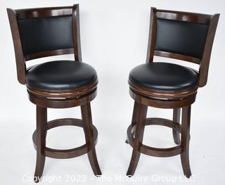 Two (2) Cherry Wood with Black Leather Upholster Seat Swivel Bar Stool 