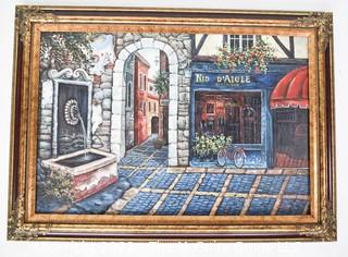 Gilt Framed Oil on Canvas of Restaurant Nid D’Aigle Signed By Artist 30" x 42".