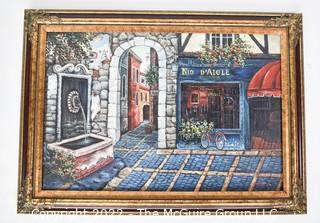 Gilt Framed Oil on Canvas of Restaurant Nid D’Aigle Signed By Artist 30" x 42".