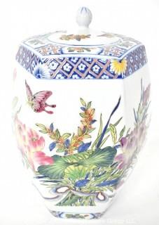 Large Octagonal Porcelain Asian Butterfly Ginger Or Temple Jar. 14" T. 