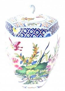 Large Octagonal Porcelain Asian Butterfly Ginger Or Temple Jar. 14" T. 