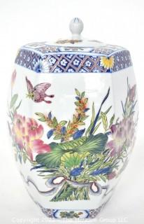 Large Octagonal Porcelain Asian Butterfly Ginger Or Temple Jar. 14" T. 