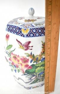 Large Octagonal Porcelain Asian Butterfly Ginger Or Temple Jar. 14" T. 