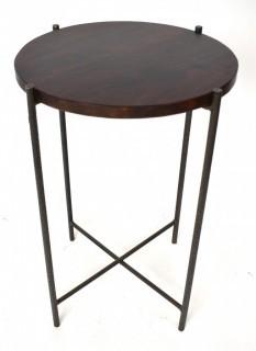 Round Wood End Table with Wrought Iron Legs. 16" D x 25"T