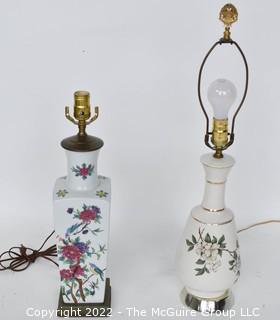 Two (2) Porcelain Ceramic Handpainted Table Lamps, One with Shade.  