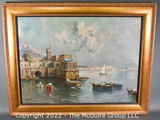 Gilt Framed Oil on Canvas, Amalfi Coast, Italy Signed by Artist Giuseppe Salvati.  Measures 25" x 32"