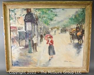 Gilt Framed Oil on Canvas of Street Scene Signed By Artist Pal Fried.  Measures 29" x 35".