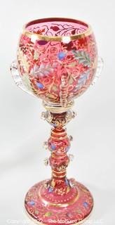 Five (5) Vintage Hand-Painted Colored Glass Goblets.  