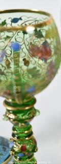 Five (5) Vintage Hand-Painted Colored Glass Goblets.  