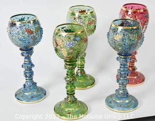 Five (5) Vintage Hand-Painted Colored Glass Goblets.  