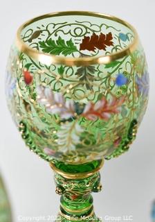Five (5) Vintage Hand-Painted Colored Glass Goblets.  