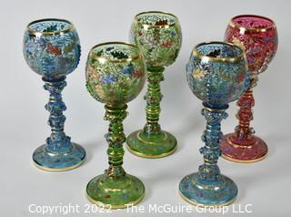 Five (5) Vintage Hand-Painted Colored Glass Goblets.  