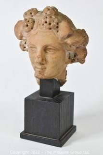 Ancient Roman Carved Marble Bust, Dionysus (Roman God of Wine, Drama & Fertility) Circa 200 AD. 5 1/2" Tall, 2" Square Base.