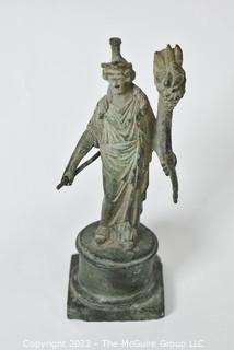 Ancient Roman Bronze, Goddess Fortuna (Patroness of Destiny) Circa 2nd Century AD.  6" Tall, 2" Square Base.