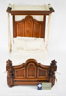 SALESMAN SAMPLE. Miniature (18"L x 19" Tall) Antique Inlaid Mahogany Half Tester Canopy Bed with Bed Linens and Draperies, Made by Edward Stott (1838 - 1881) Cabinet Maker and Upholsterer, 110 Yorkshire Street, Rochdale, Manchester UK. Measures 11" x 18" x 19". (NOTE: This Lot is part of a set (24RH, 25RH, 30RH, 30RHA, 31RH, 32RH).  Lot 60 RHA consists of the ENTIRE SET OF 6 LOTS.  If the high bid for Lot 60RHA exceeds the sum of High bids for (24RH, 25RH, 30RH, 30RHA, 31RH, 32RH), they will be sold as a set.  If you have questions about the process, text David at 202-441-5446