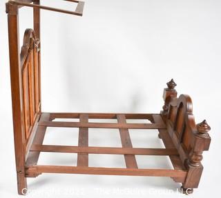 SALESMAN SAMPLE. Miniature (18"L x 19" Tall) Antique Inlaid Mahogany Half Tester Canopy Bed with Bed Linens and Draperies, Made by Edward Stott (1838 - 1881) Cabinet Maker and Upholsterer, 110 Yorkshire Street, Rochdale, Manchester UK. Measures 11" x 18" x 19". (NOTE: This Lot is part of a set (24RH, 25RH, 30RH, 30RHA, 31RH, 32RH).  Lot 60 RHA consists of the ENTIRE SET OF 6 LOTS.  If the high bid for Lot 60RHA exceeds the sum of High bids for (24RH, 25RH, 30RH, 30RHA, 31RH, 32RH), they will be sold as a set.  If you have questions about the process, text David at 202-441-5446