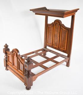 SALESMAN SAMPLE. Miniature (18"L x 19" Tall) Antique Inlaid Mahogany Half Tester Canopy Bed with Bed Linens and Draperies, Made by Edward Stott (1838 - 1881) Cabinet Maker and Upholsterer, 110 Yorkshire Street, Rochdale, Manchester UK. Measures 11" x 18" x 19". (NOTE: This Lot is part of a set (24RH, 25RH, 30RH, 30RHA, 31RH, 32RH).  Lot 60 RHA consists of the ENTIRE SET OF 6 LOTS.  If the high bid for Lot 60RHA exceeds the sum of High bids for (24RH, 25RH, 30RH, 30RHA, 31RH, 32RH), they will be sold as a set.  If you have questions about the process, text David at 202-441-5446