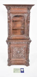 SALESMAN SAMPLE.  Miniature (21 inches) Antique Victorian Hard Carved Jacobean Sideboard Cabinet, Made by Edward Stott (1838 - 1881) Cabinet Maker and Upholsterer, 110 Yorkshire Street, Rochdale, Manchester UK.  Includes Photos of Actual Full-Size Piece in a Maryland Home Circa 1990.  Measures 5" x 10" x 21". (NOTE: This Lot is part of a set (24RH, 25RH, 30RH, 30RHA, 31RH, 32RH).  Lot 60 RHA consists of the ENTIRE SET OF 6 LOTS.  If the high bid for Lot 60RHA exceeds the sum of High bids for (24RH, 25RH, 30RHA, 31RH, 32RH), they will be sold as a set.  If you have questions about the process, text David at 202-441-5446