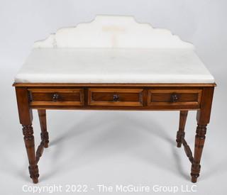 SALESMAN SAMPLE. Miniature (7 1/2 inches tall) Antique Victorian Marble Top Wash Stand or Vanity with Three Inlaid Drawers and Turned Legs, Made by Edward Stott (1838 - 1881) Cabinet Maker and Upholsterer, 110 Yorkshire Street, Rochdale, Manchester UK.  Measures 5" x 9" x 11". (NOTE: This Lot is part of a set (24RH, 25RH, 30RH, 30RHA, 31RH, 32RH).  Lot 60 RHA consists of the ENTIRE SET OF 6 LOTS. If the high bid for Lot 60RHA exceeds the sum of High bids for (24RH, 25RH, 30RH, 30RHA, 31RH, 32RH), they will be sold as a set.  If you have questions about the process, text David at 202-441-5446