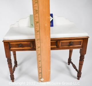 SALESMAN SAMPLE. Miniature (7 1/2 inches tall) Antique Victorian Marble Top Wash Stand or Vanity with Three Inlaid Drawers and Turned Legs, Made by Edward Stott (1838 - 1881) Cabinet Maker and Upholsterer, 110 Yorkshire Street, Rochdale, Manchester UK.  Measures 5" x 9" x 11". (NOTE: This Lot is part of a set (24RH, 25RH, 30RH, 30RHA, 31RH, 32RH).  Lot 60 RHA consists of the ENTIRE SET OF 6 LOTS. If the high bid for Lot 60RHA exceeds the sum of High bids for (24RH, 25RH, 30RH, 30RHA, 31RH, 32RH), they will be sold as a set.  If you have questions about the process, text David at 202-441-5446