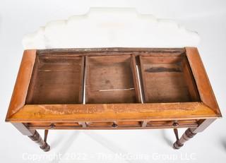 SALESMAN SAMPLE. Miniature (7 1/2 inches tall) Antique Victorian Marble Top Wash Stand or Vanity with Three Inlaid Drawers and Turned Legs, Made by Edward Stott (1838 - 1881) Cabinet Maker and Upholsterer, 110 Yorkshire Street, Rochdale, Manchester UK.  Measures 5" x 9" x 11". (NOTE: This Lot is part of a set (24RH, 25RH, 30RH, 30RHA, 31RH, 32RH).  Lot 60 RHA consists of the ENTIRE SET OF 6 LOTS. If the high bid for Lot 60RHA exceeds the sum of High bids for (24RH, 25RH, 30RH, 30RHA, 31RH, 32RH), they will be sold as a set.  If you have questions about the process, text David at 202-441-5446